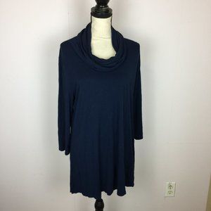 J Jill Wearever Tunic Shirt Top Size L Womans Navy Blue Cowl Neck 3/4 Sleeve